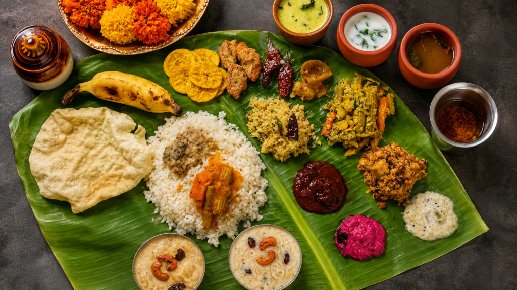 Traditional Kerala meal served on banana leaf