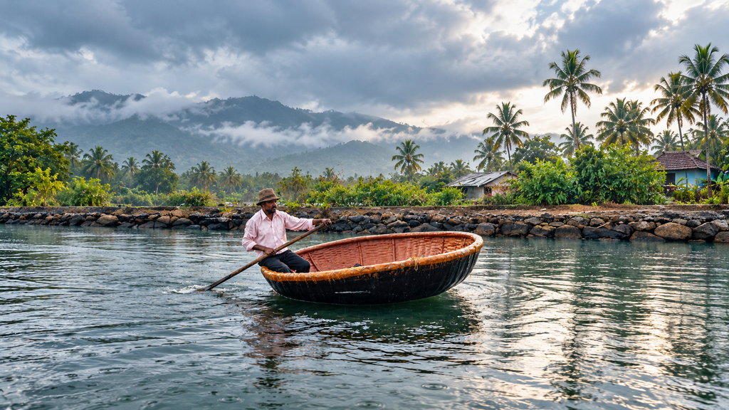 Canoe traveling through Munroe Island backwaters Kerala