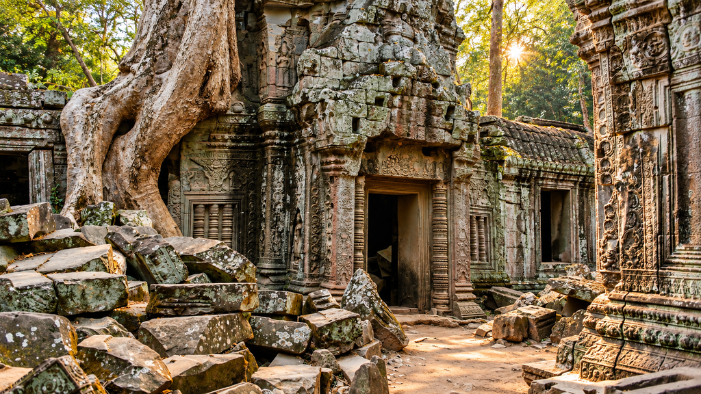 Ancient temple ruins in Cambodia at sunrise