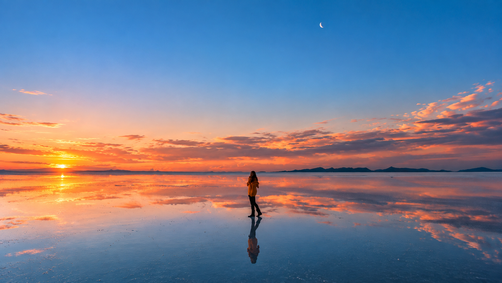 Traveler standing on a reflective salt flat at sunset.