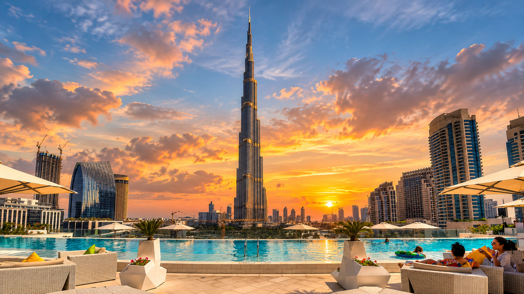 Burj Khalifa and Dubai skyline at sunset