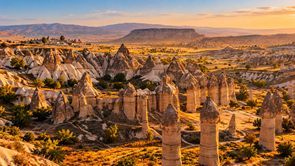 Cappadocia valleys and fairy chimneys during sunset