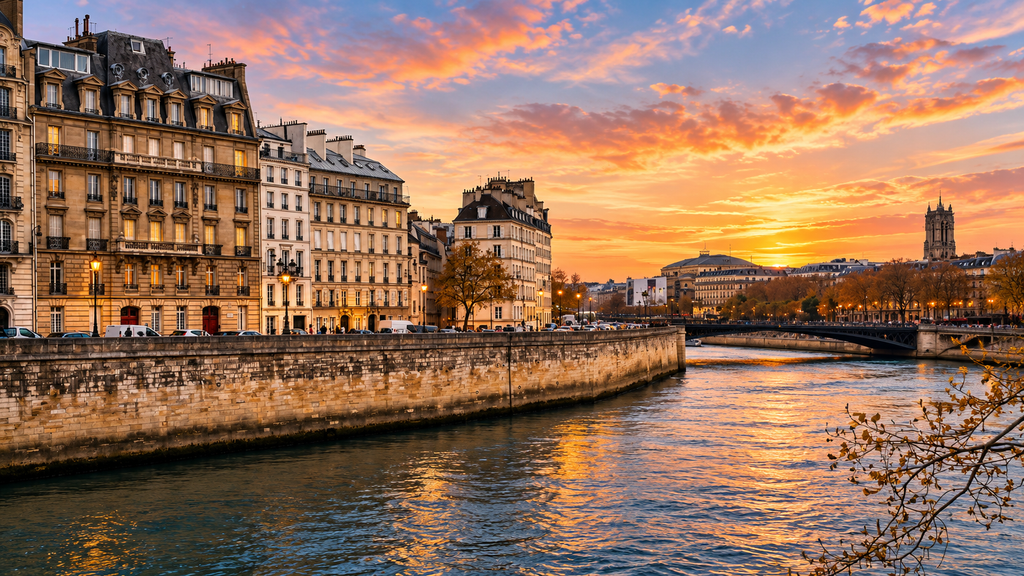  Seine River and Paris skyline at sunset