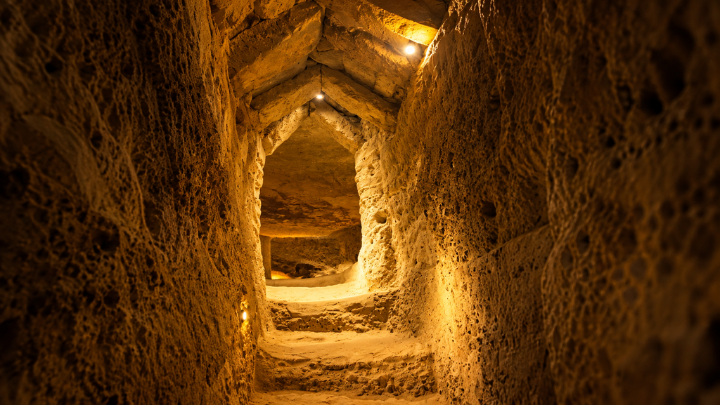 Stone passage inside Derinkuyu Underground City in Cappadocia
