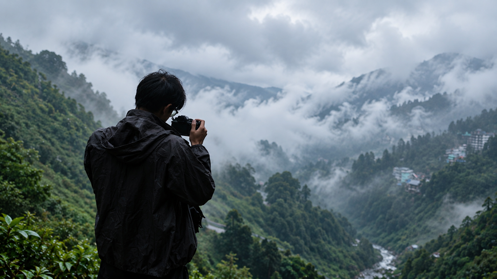 Photographer viewing misty Munnar tea plantations
