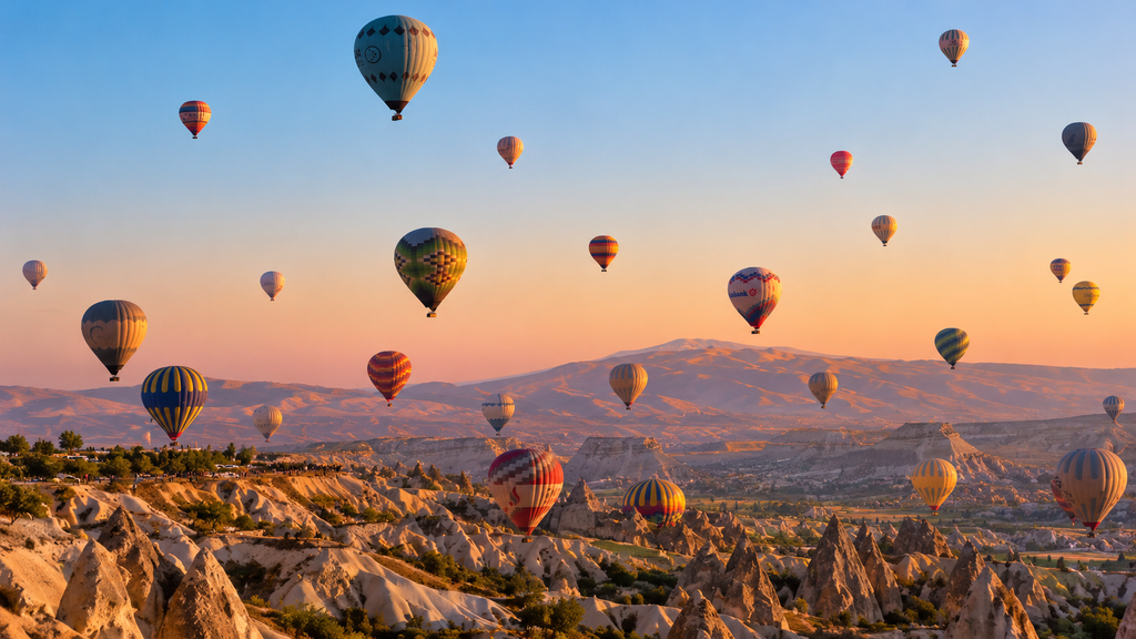 Colorful hot air balloons flying above Cappadocia at sunrise