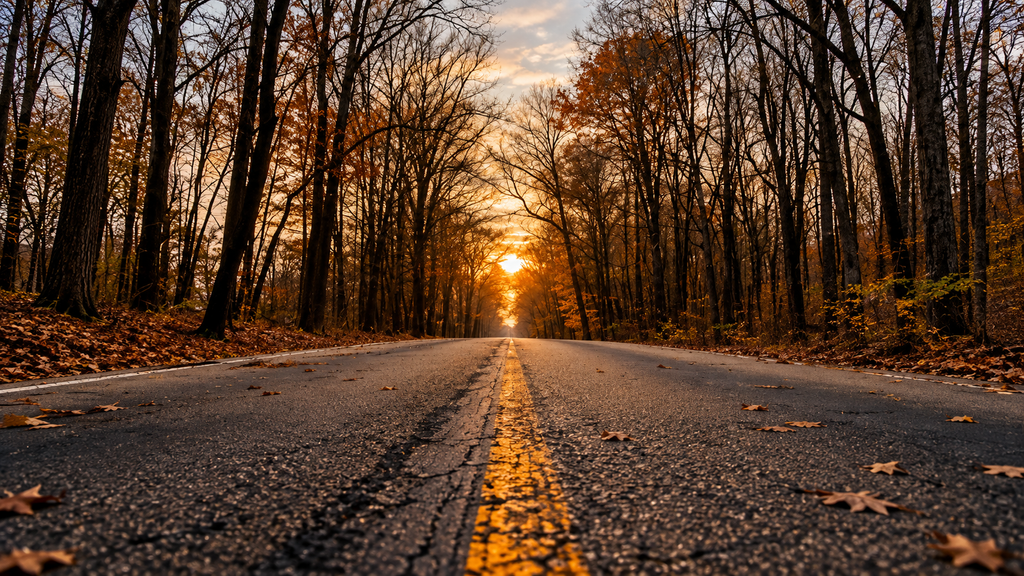 Forest road glowing in warm golden sunset light