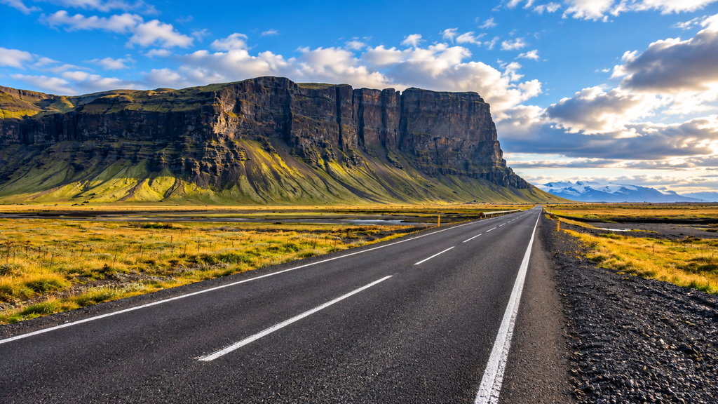 Iceland Ring Road surrounded by mountains and countryside