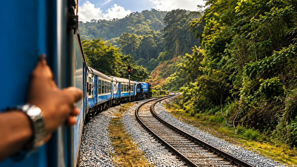 Indian train traveling through a green countryside