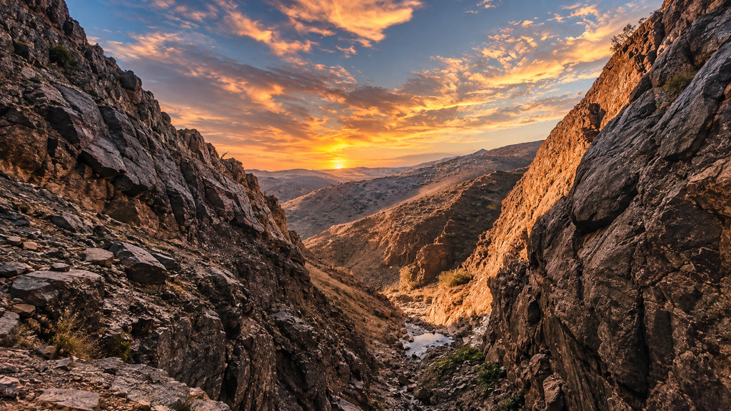 Jebel Shams canyon and mountains in Oman at sunset