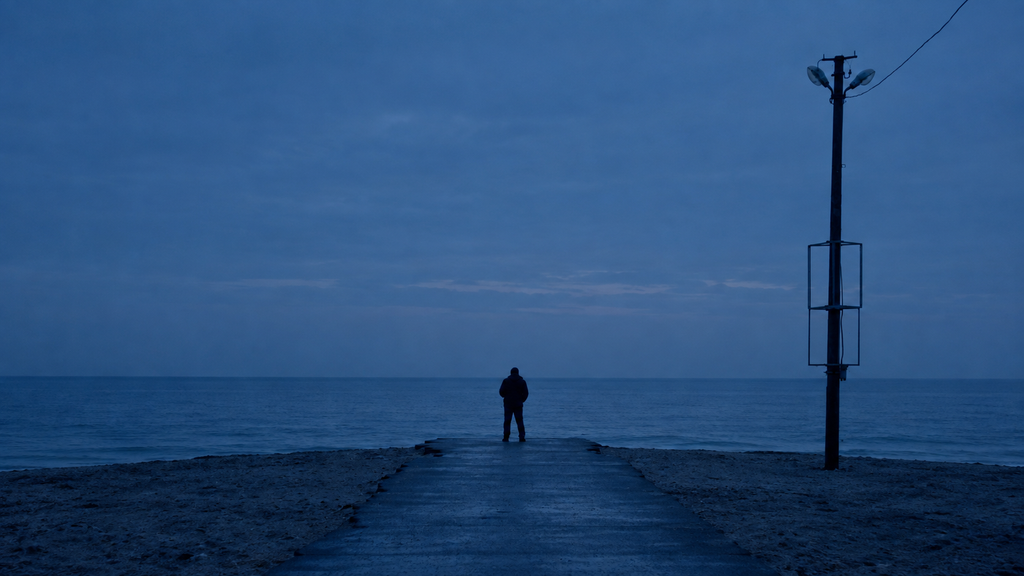 Person walking alone on a quiet road before sunrise