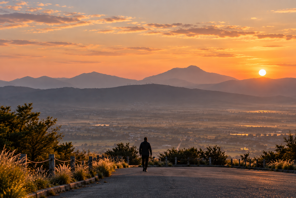Lone traveler walking toward a distant horizon on an open road at golden hour