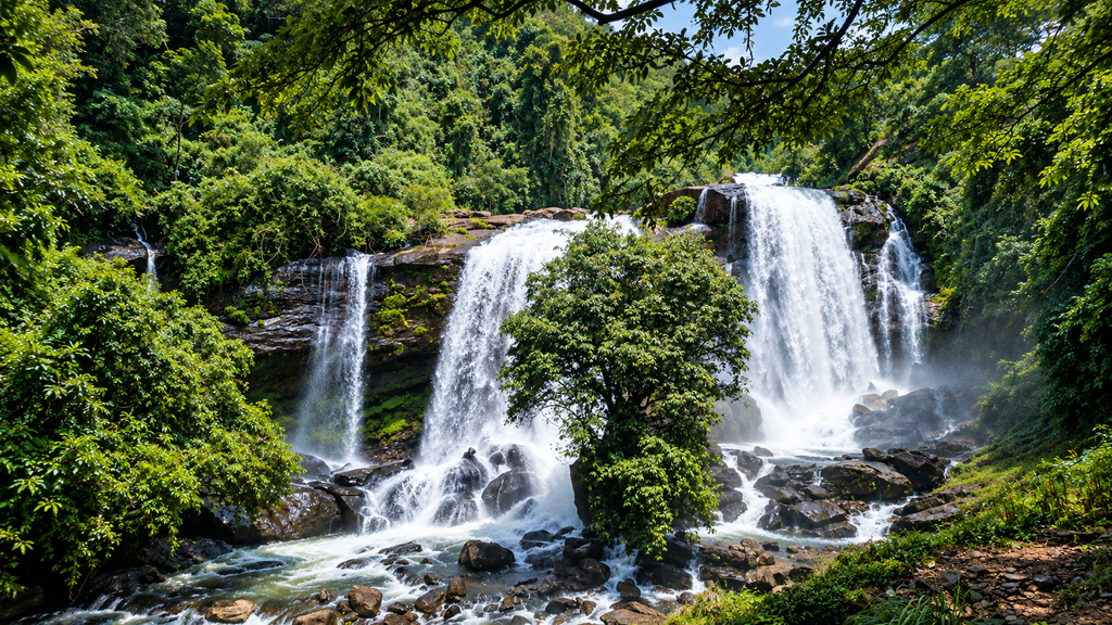  Madammakkulam Waterfalls surrounded by misty forest in Idukki Kerala