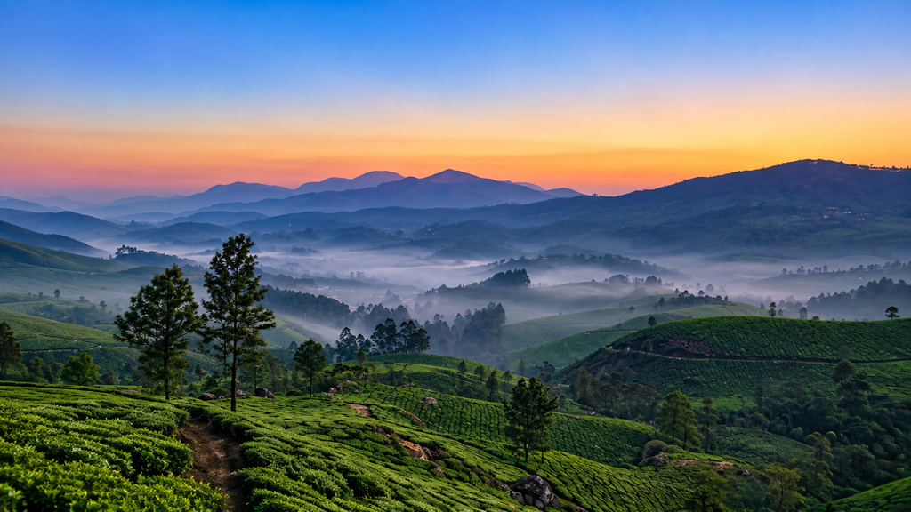  Misty tea plantations and mountains in Munnar Kerala
