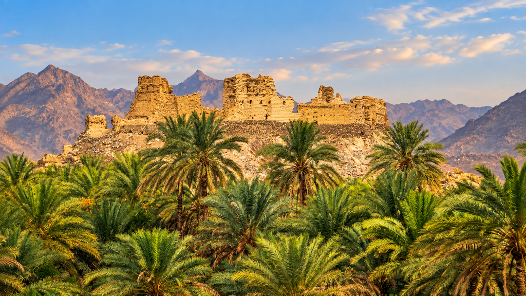 Nakhal Fort surrounded by mountains and palm trees in Oman

