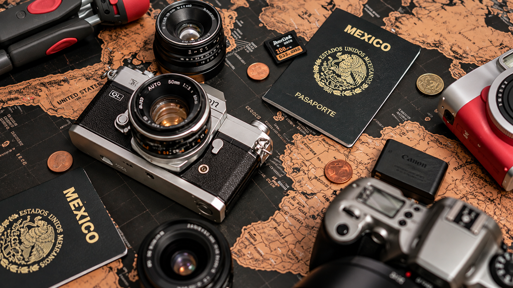 Open travel backpack with camera, passport, headphones, notebook, and travel essentials