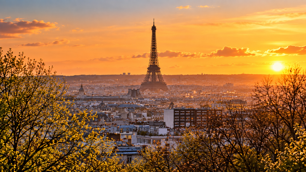 Eiffel Tower and Paris skyline at golden hour