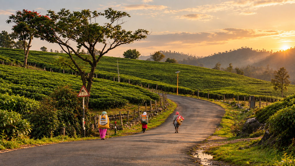 evening light over Vagamon green hills Kerala