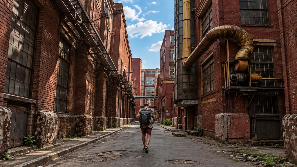 Solo traveler walking through a city street