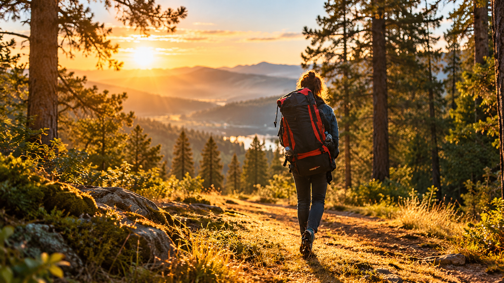 Solo traveler with a backpack leaving home at sunrise