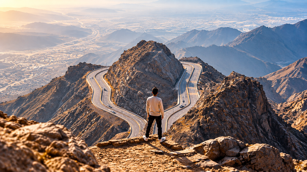 Lone traveler standing beside a winding mountain road