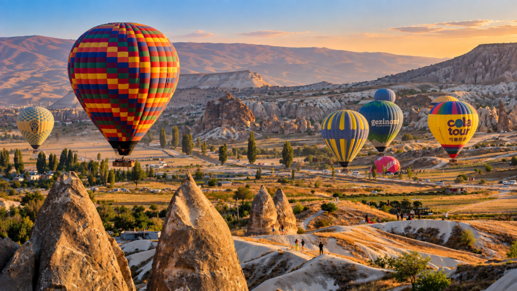 Hot air balloons flying over Cappadocia valleys at sunrise
