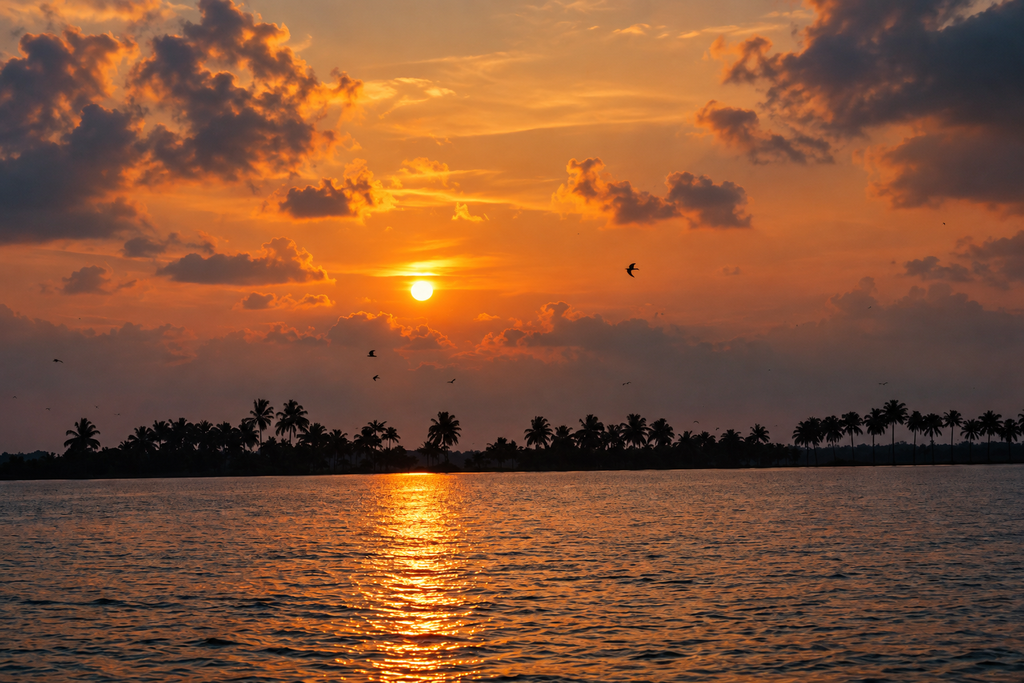 Sunset over Kakkathuruthu island backwaters Kerala
