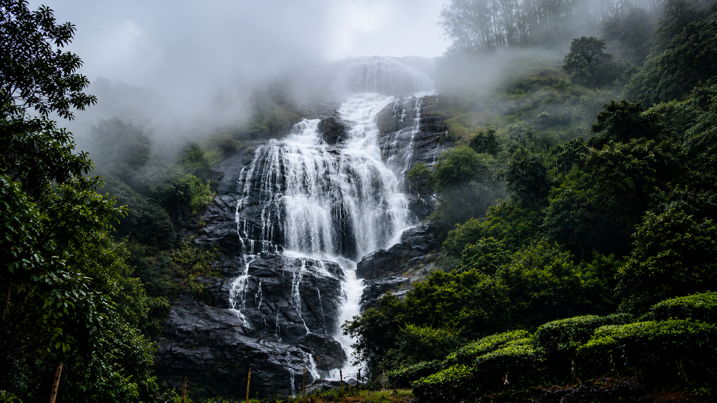 Thusharagiri Waterfalls surrounded by misty forest in Kozhikode Kerala
