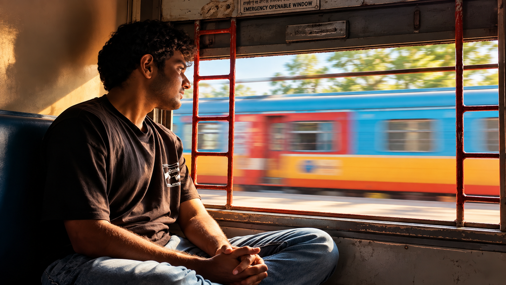 Tired traveler resting beside a window with a backpack after a long day
