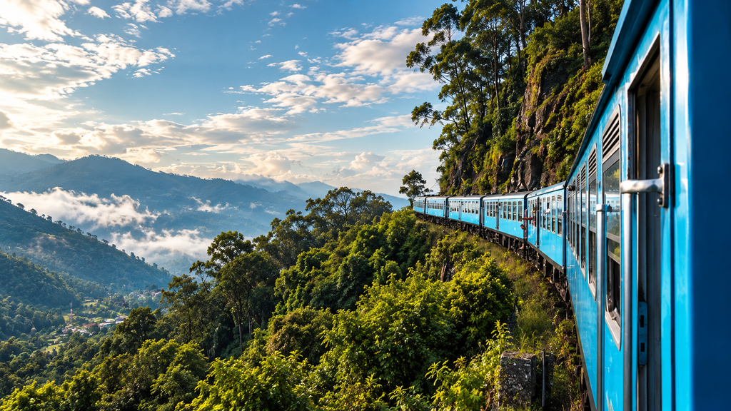 Train traveling through tea plantations in Sri Lanka