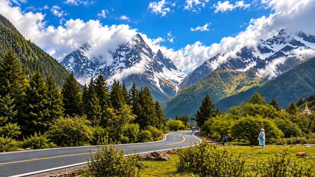 Scenic mountain road surrounded by snow-capped peaks and green forests.