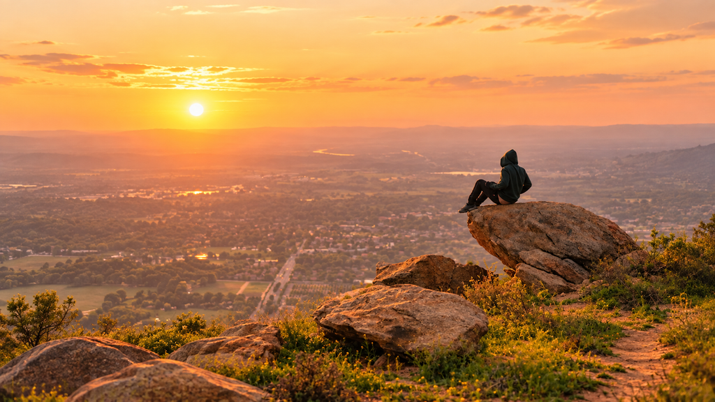 Traveler sitting at a scenic viewpoint overlooking a vast landscape at golden hour