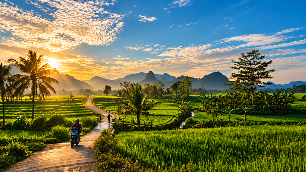 Traveler walking through green rice fields in Indonesia