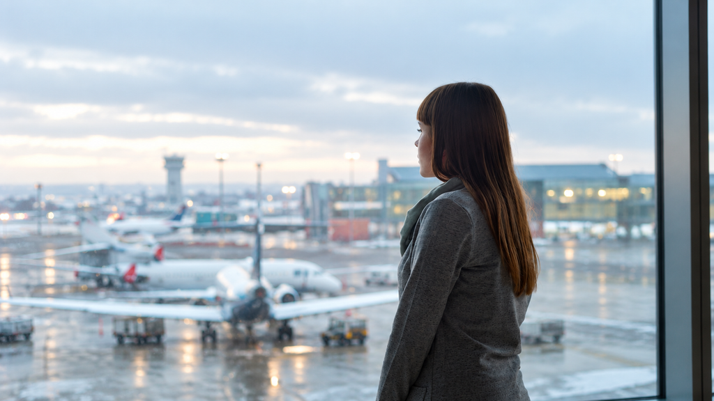 Traveler watching an airplane depart from an airport
