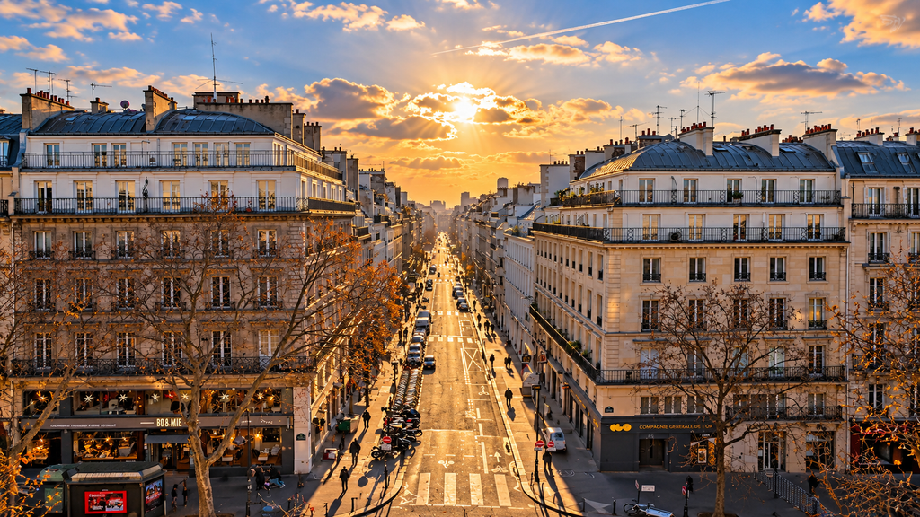 Classic Paris street and historic buildings at sunset