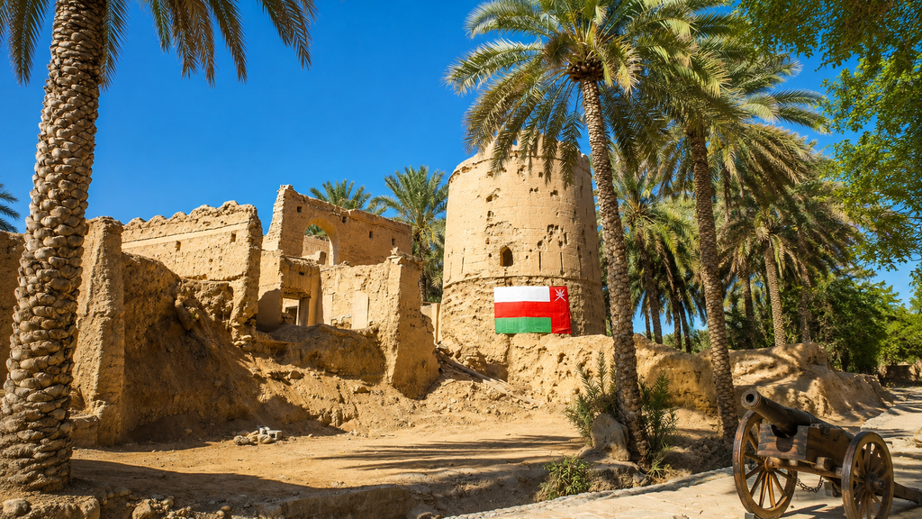 Historic Nizwa Fort in Oman surrounded by traditional buildings