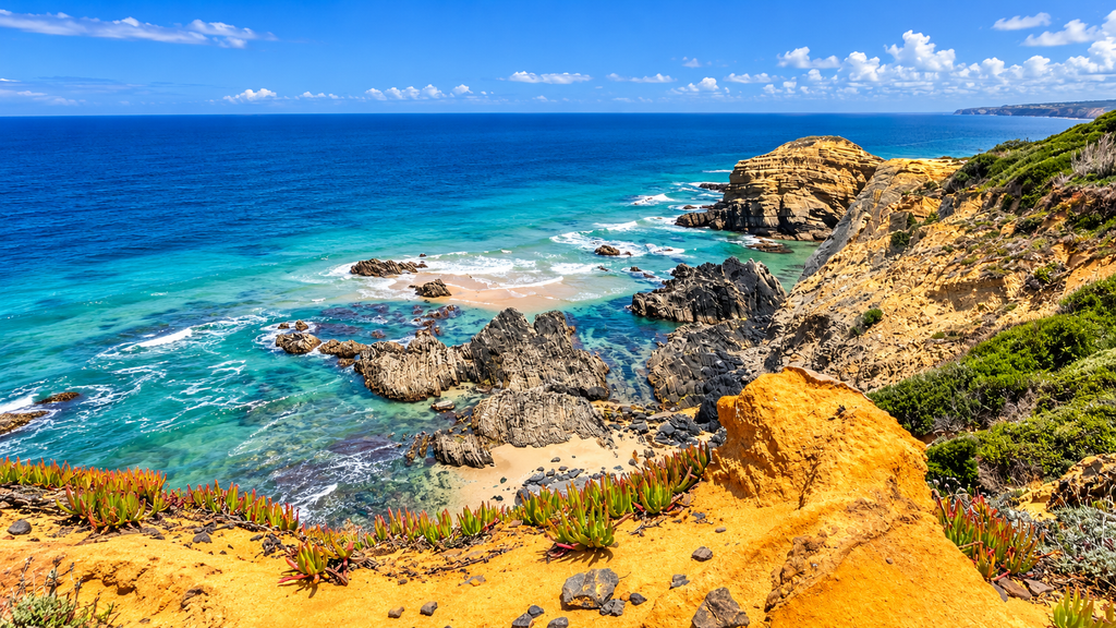 Praia da Marinha beach in Algarve Portugal with golden cliffs
