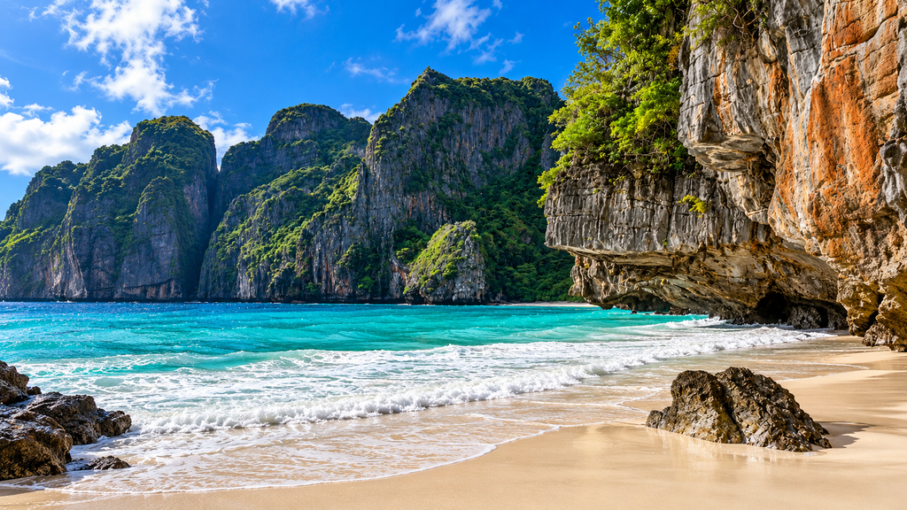 Maya Bay in Thailand with turquoise water and limestone cliffs