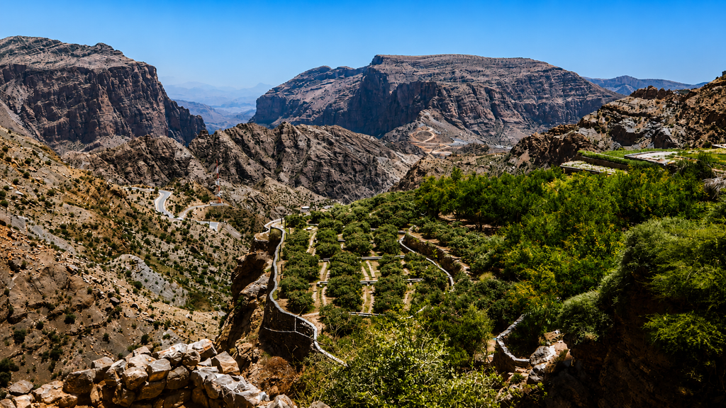 Jebel Shams canyon and rugged mountains in Oman