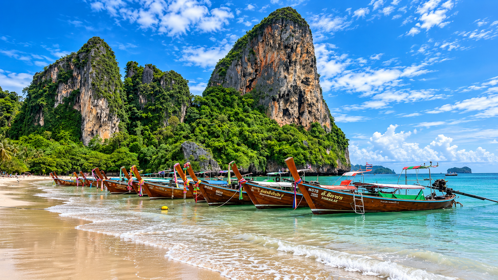 Railay Beach Thailand with limestone cliffs and longtail boats