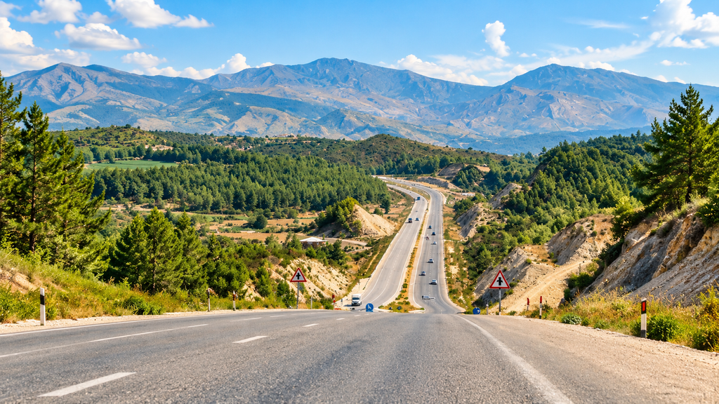  Winding road leading toward a distant mountain landscape