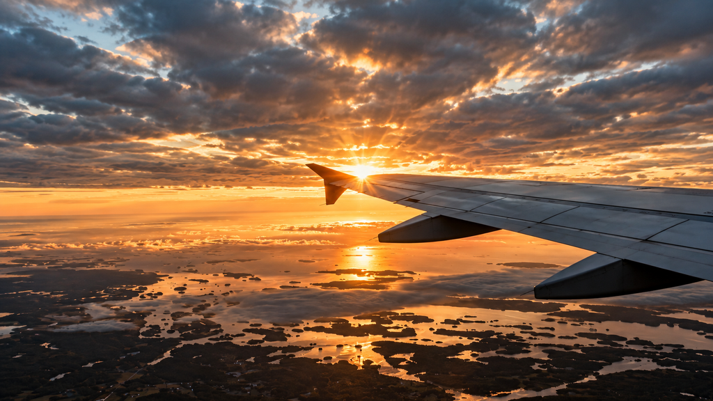 Airplane flying above clouds during golden hour