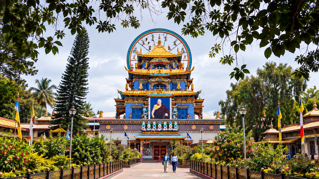 Colourful Buddhist monastery at Namdroling in Bylakuppe, near Coorg, Karnataka.