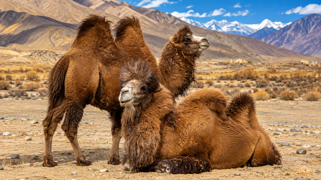  Double-humped camels on the sand dunes of Hunder in Nubra Valley, Ladakh.
