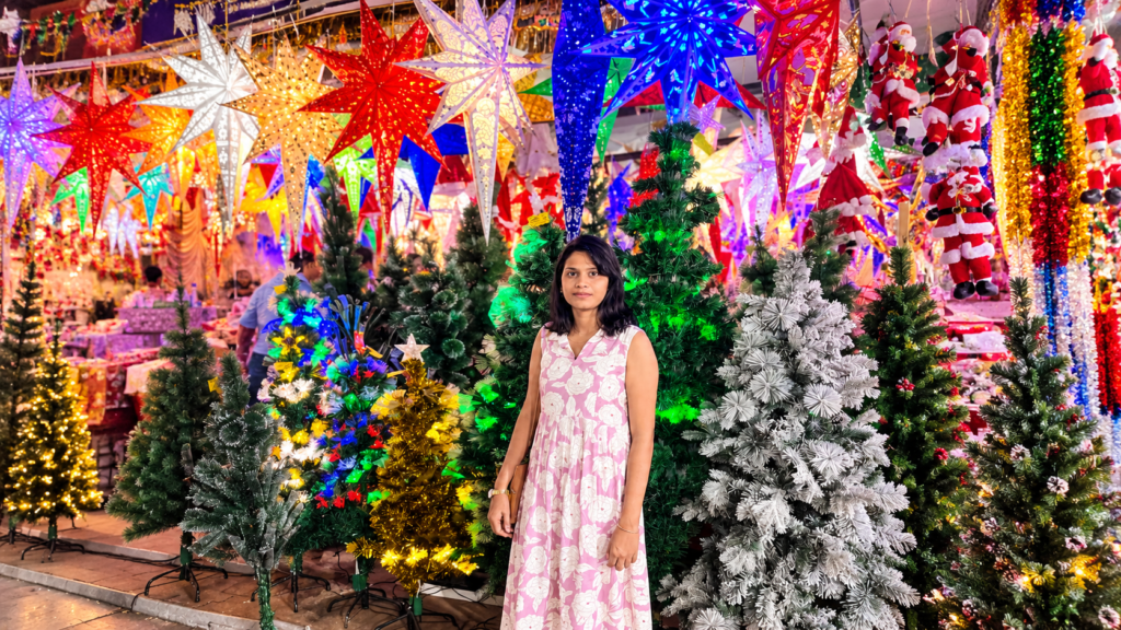 Christmas decorations and colourful festive displays at a Christmas market