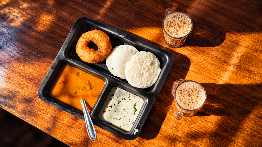 Idli, dosa and filter coffee served at a restaurant near Tumakuru.