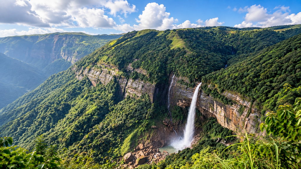 Nohkalikai Falls surrounded by green cliffs in Meghalaya
