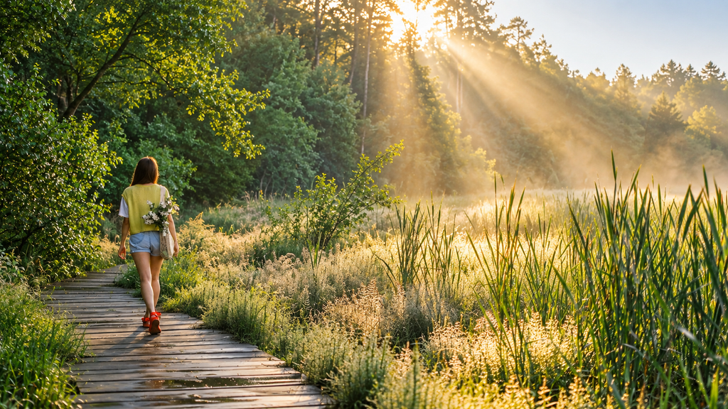  Person walking on the Campuhan Ridge Walk near Ubud with green grass and palm trees at sunrise.
