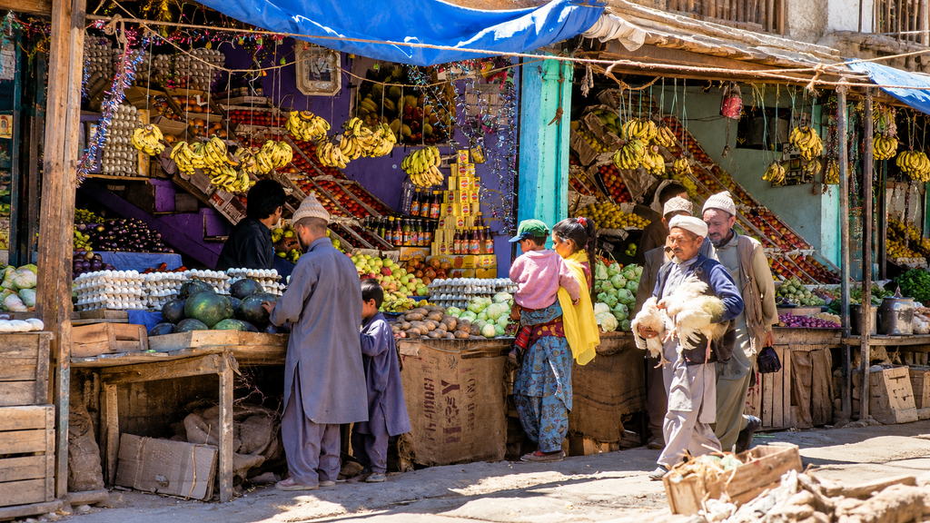 Shops and dried-fruit stalls along Main Bazaar in Leh, Ladakh.