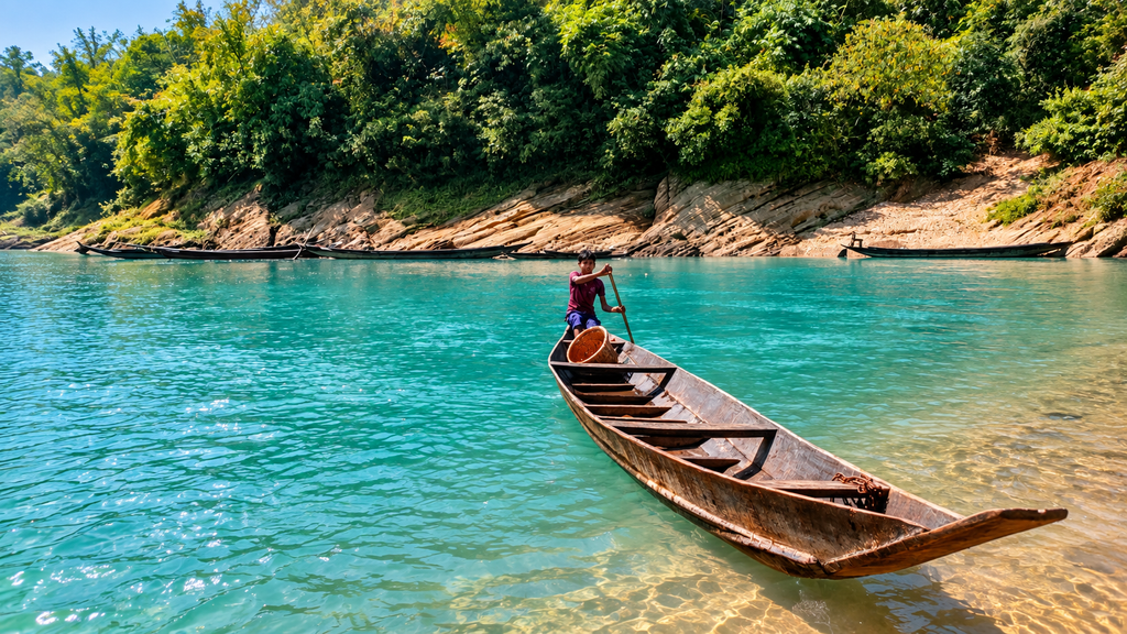 Traditional boat on the clear Umngot River in Dawki Meghalaya
